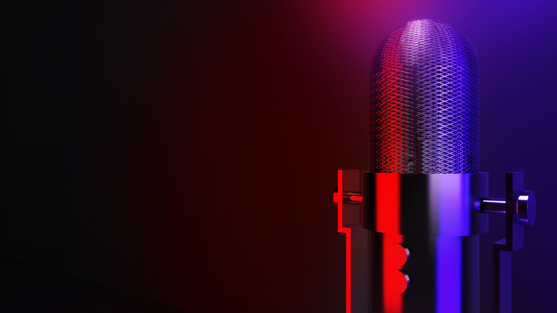 Wireless microphone placed on a table with a black background and red and blue lights. ,3d rendering